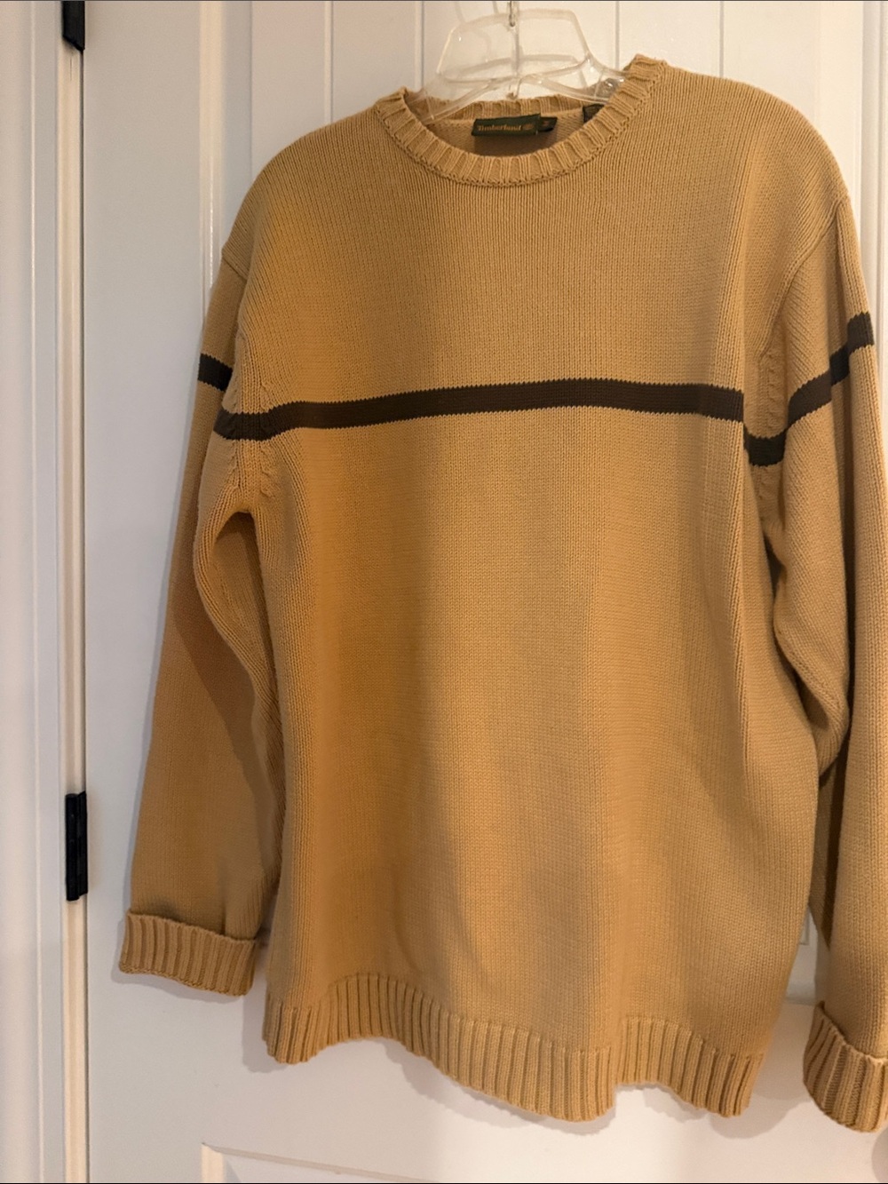Timberland Men's Tan Crewneck Sweater with Brown Stripe Size M